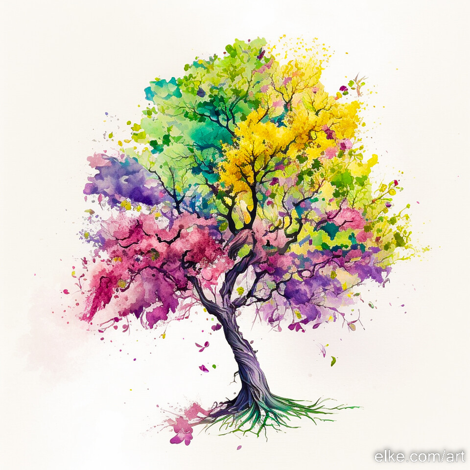 Colorful Spring Tree, Digital Watercolor Art