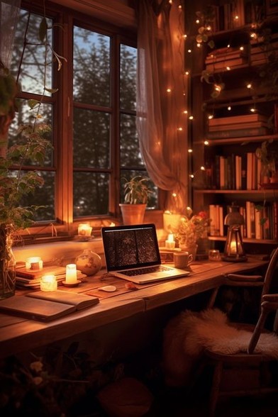 Ein Schreibtisch am Fenster im Kerzenlicht, ein aufgeschlagenes Buch und ein Laptop, Kerzen und Lämpchen, rechts im Bild ein Bücherregal, davor kleine Lämpchen.
(Netzfund)