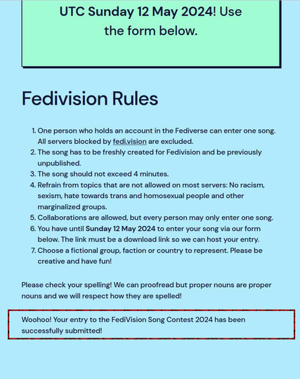A page saying 'Woohoo! Your entry to the FediVision Song Contest 2024 has been successfully submitted!' after uploading my entry to this years Fedivision Song Contest.