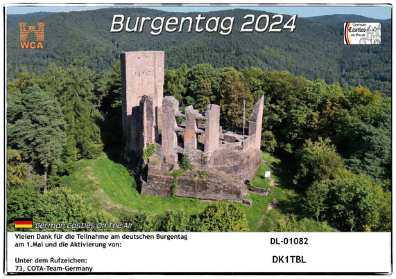Teilnehmerurkunde zum Burgentag 2024. Das Foto zeigt eine Burgruine inmitten einer bergigen Waldlandschaft.