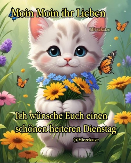 Eine gezeichnete Katze auf der Blumenwiese mit einem Strauss Blumen in ihren Pfötchen und drei Schmetterlinge fliegen um ihr herum. 

Dazu steht: Moin Moin ihr Lieben 

Ich wünsche Euch einen schönen heiteren Dienstag 

@Miezekatze