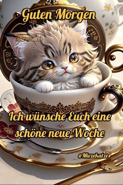Ein Kätzchen in einer Gefäß mit offenen Deckel. 

Dazu steht: 

Guten Morgen 

Ich wünsche Euch eine schöne neue Woche 

@Miezekatze