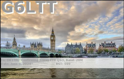 QSL-Karte der englischen Station G6LTT. Das Bild zeigt einen Blick über die Themse in London. In der Mitte erkennt man Big Ben.