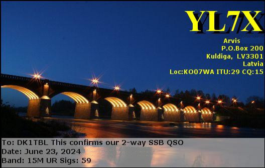 QSL-Karte (Bestätigung des Funkkontakts) der lettischen Station YL7X. 
Das Bild zeigt eine Nachtaufnahme der Brücke über die Venta bei Kuldiga. Diese  ist mit 164 Metern die längste mit dem Auto befahrbare Backsteinbrücke Europas.