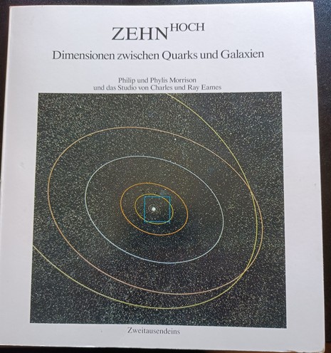 Buchdeckel:
Zehn Hoch - Dimensionen zwischen Quarks und Galaxien,
Phillip und Phyllis Morrison und das Studio von Charles und Ray Eames 