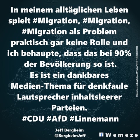 In meinem alltäglichen Leben spielt #Migration, #Migration, #Migration als Problem praktisch gar keine Rolle und ich behaupte, dass das bei 90% der Bevölkerung so ist.
Es ist ein dankbares Medien-Thema für denkfaule Lautsprecher inhaltsleerer Parteien. 
#CDU #AfD #Linnemann 

Jeff Bergheim