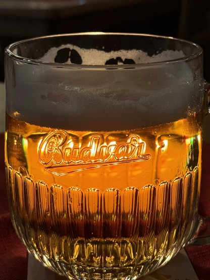 A close-up of a frothy beer in a glass mug with the word 