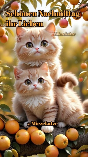 Zwei Katzen unter Orangen Bäumen.  Dazu steht: Schönen Nachmittag  ihr Lieben 

@Miezekatze