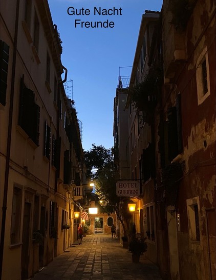 Narrow cobblestone street at twilight with lit street lamps and a 