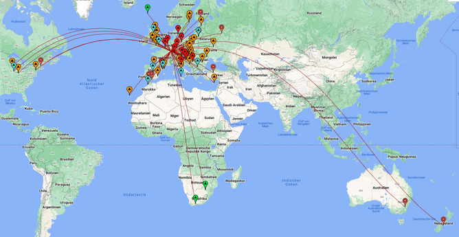 Weltkarte mit markierten Standorten der Stationen, die heute rreicht wurden. Die am weitesten entfernten sind in Neuseeland, Australien, Südafrika sowie in den USA (Ostküste bis zu den großen Seen).
