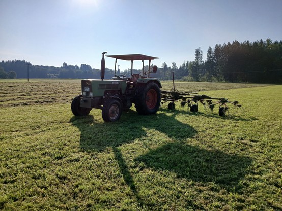 Ein alter Traktor mit Heuwender steht auf einer gemähten Wiese. In der Gegenlichtaufnahme wirft die
Morgensonne einen langen Schatten vom Traktor.