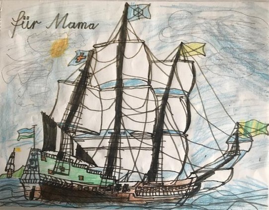 Kinderzeichnung eines Segelschiffs,
oben links der Text: für Mama.
Das Bild habe ich hier schon einmal gepostet. Ich mag es sehr. 