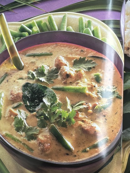 Foto grünes Currygericht mit Huhn