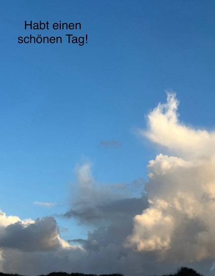 Blue sky with fluffy clouds and the text 