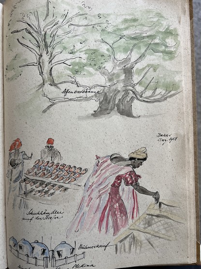 Eine Aquarelltuschezeichnung zeigt einen Affenbrotbaum, einen Schuhverkäufer mit Auslage, einige Hütten, und eine Farben prächtig gekleidete Frau, die ein Huhn kauft 