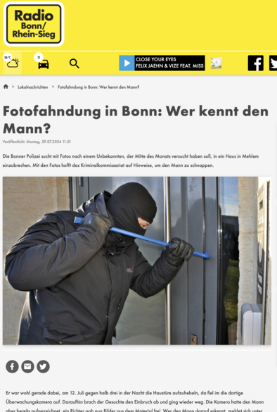 Screenshot einer Nachrichtenseite, Überschrift: Fotofahndung in Bonn: Wer kennt den Mann? Darunter NATÜRLICH erst mal ein Stock Photo von einem ‚typischen‘ Einbrecher 