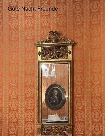 Decorative wall with ornate mirror, a chandelier reflection, and a portrait of a person. The text 