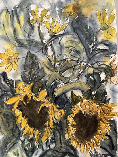 A watercolor painting depicting vibrant yellow sunflowers with green foliage in the background. The brush strokes are expressive and loose, giving the piece a lively and dynamic feel.

Ein Aquarellgemälde, das leuchtend gelbe Sonnenblumen mit grünem Laub im Hintergrund darstellt. Die Pinselstriche sind ausdrucksstark und locker, was dem Stück ein lebendiges und dynamisches Gefühl verleiht.