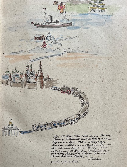 A watercolor illustration depicting a travel journey starting with a train from Berlin, passing through Moscow, and then a ship and other scenes representing travel across Japan. German text detailing the journey is included at the bottom.

Eine Aquarellillustration, die eine Reise zeigt, die mit einem Zug aus Berlin beginnt, der durch Moskau fährt, und dann ein Schiff und andere Szenen, die Reisen durch Japan darstellen. Der deutsche Text, der die Reise detailliert beschreibt, ist unten enthalten.