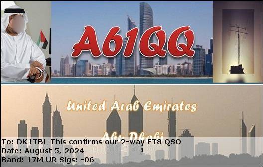 QSL-Karte der Station A61QQ in den Vereinigten Arabischen Emiraten. Die Karte zeigt verschiedene Fotos, eins des Funkamateurs in traditioneller Kleidung, eins mit einem hohen Antennenmast sowie zwei Bilder der Skyline von Abu Dhabi.