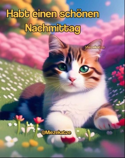 Eine Katze auf der Blumenwiese. Dazu steht:

Habt einen schönen Nachmittag 

@Miezekatze