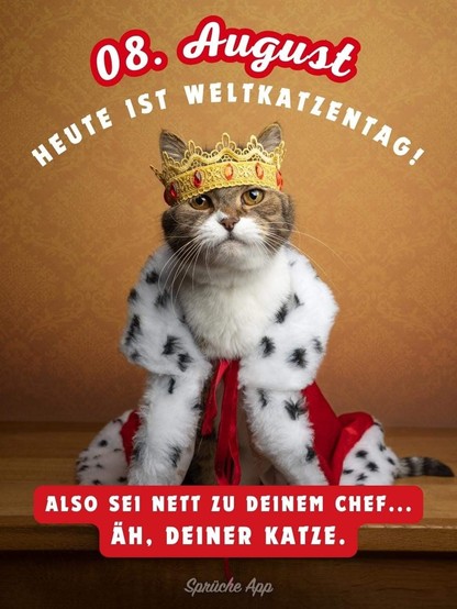 Eine majestätisch anmutende Katze mit Krone und königlichen Gewand. Dazu steht 

08. August   

HEUTE IST WELTKATZENTAG!


ALSO SEI NETT ZU DEINEM CHEF...

ÄH, DEINER KATZE.


(Sprüche App)