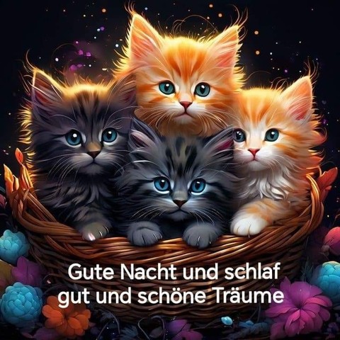 Vier Katzen in einem Körbchen. Dazu steht:

Gute Nacht und schlaf gut und schöne Träume