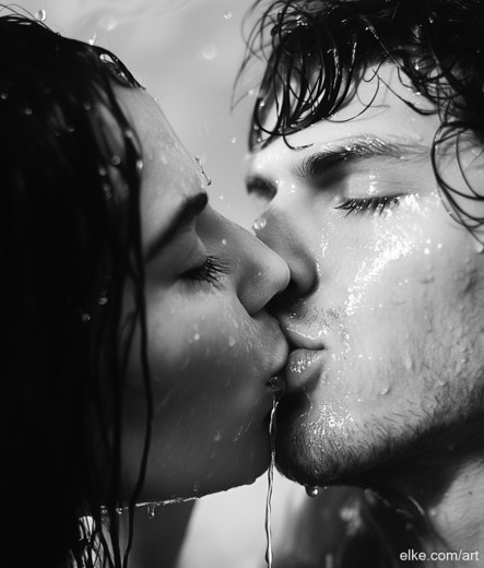 This intense black-and-white photograph captures a moment of raw, unfiltered passion between two individuals sharing a kiss in the rain.

The droplets of water cascading down their faces enhance the sense of intimacy and vulnerability, while the close-up framing draws the viewer into their world, leaving no space for distraction. The contrast of light and shadow across their wet skin adds depth and drama, making this a powerful portrayal of love and desire.

This artwork would be a striking addition to a modern bedroom or a private corner in a living space, perfect for those who appreciate romantic and bold art.

The monochromatic palette and emotional weight of the image would also work well in an art gallery or a sleek, minimalist office, where its intensity can be fully appreciated.