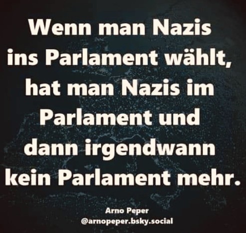 Weisse Schrift auf schwarzen Hintergrund. 
Es steht:

Wenn man Nazis ins Parlament wählt, hat man Nazis im Parlament und dann irgendwann kein Parlament mehr.

                      
                                Arno Peper
                     @arnopeper.bsky.social