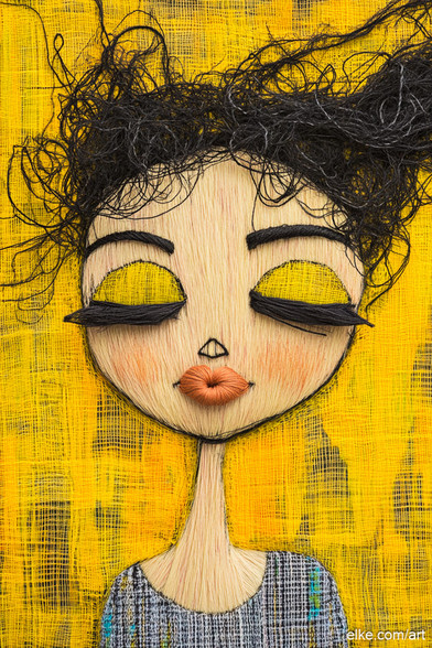 A stylized face with exaggerated features is depicted with textured, layered elements creating an abstract appearance. The background is a bright yellow, while the face has prominent black hair and thick eyelashes.