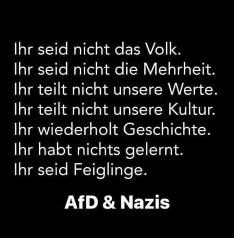 Weisse Schrift auf schwarzen Hintergrund:

Ihr seid nicht das Volk. 
Ihr seid nicht die Mehrheit.
Ihr teilt nicht unsere Werte. 
Ihr teilt nicht unsere Kultur.
Ihr wiederholt Geschichte.
Ihr habt nichts gelernt.
Ihr seid Feiglinge.

                 AfD & Nazis