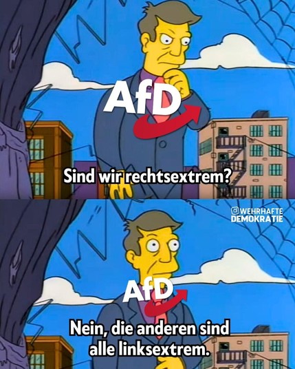 Oberes Bild: 

Ein AfD-Anhänger hinter dem AfD Logo mit roten Pfeil fragt sich: Sind wir rechtsextrem? 

Neben ihm ein Baum, dahinter Häuser, am Himmel zwei weisse Wolken. 

Unteres Bild:  Gleiche Kulisse und Hintergrund 

Er gibt sich die Antwort: 

Nein, die anderen sind alle linksextrem


(Instagram-Symbol, WEHRHAFTE DEMOKRATIE)