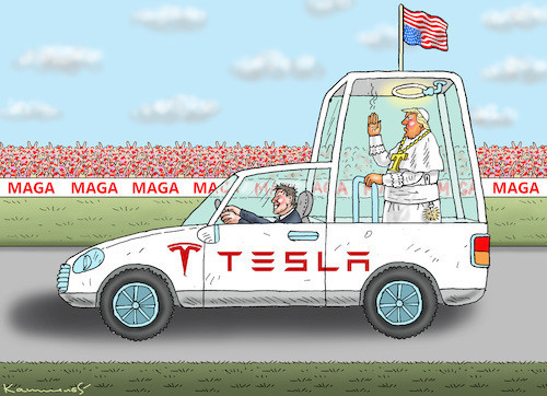 Trump, Papst-like in Weiß gewandet, wird von Musk in einem zum Papamobil umgebauten Tesla ins Wahlkampf-Stadion gefahren.