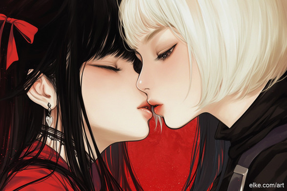 In this intimate and delicate portrayal, two women share a tender, almost ethereal moment, captured just before their lips touch.

The contrast between their black and blonde hair against the striking red background heightens the emotional intensity of the scene, giving it a dramatic yet soft allure. The subtlety in their expressions speaks of quiet passion and connection, emphasizing the closeness and vulnerability between them.

This artwork would be a stunning addition to bedrooms or personal spaces where romance and emotional connection are cherished. It also works well in modern, minimalist settings where its bold contrast and intimate theme can stand out.

The artwork’s soft detailing and emotive depth perfectly create a romantic, reflective atmosphere.