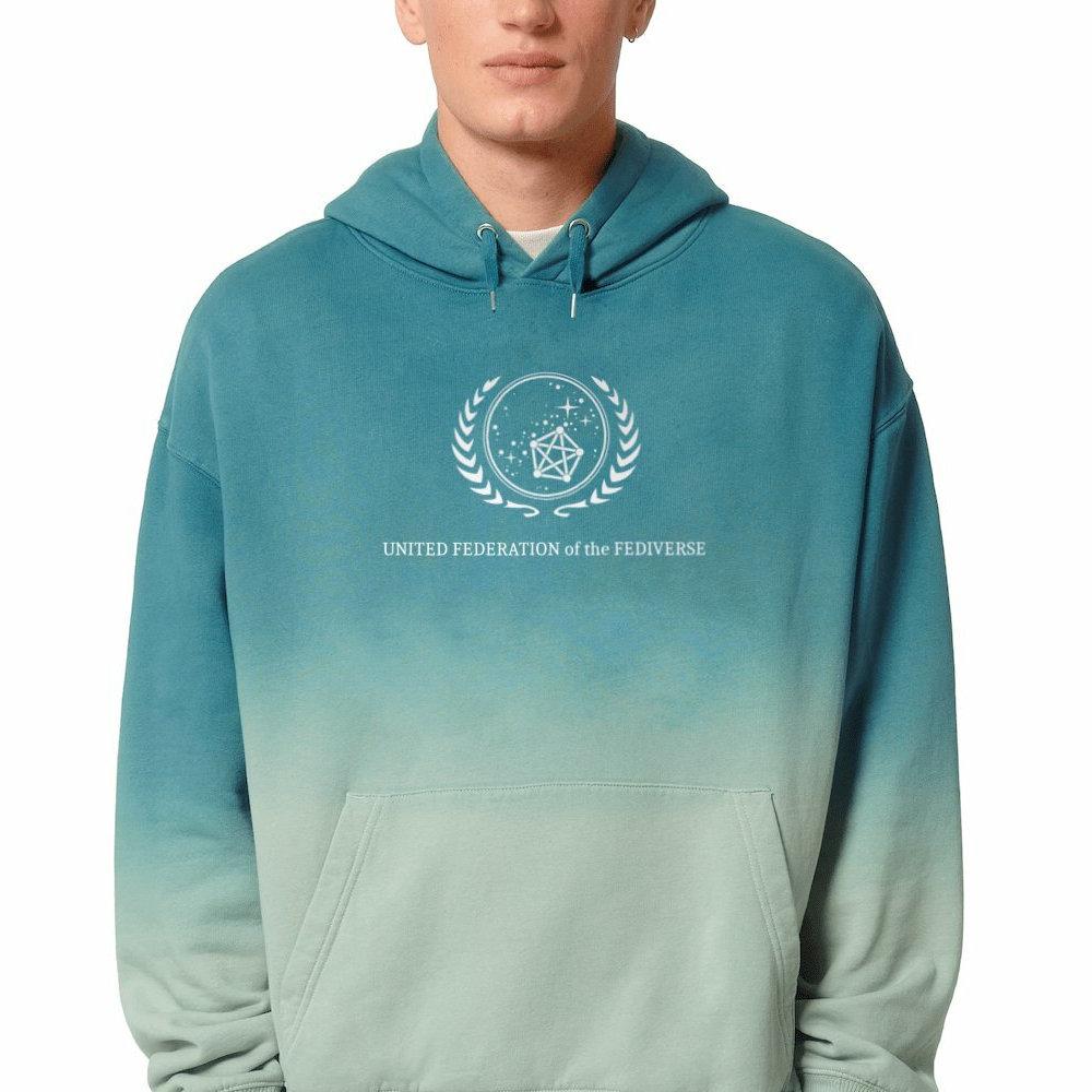 The United Federation of the Fediverse Dip-Dye Hoodie in green and beige.