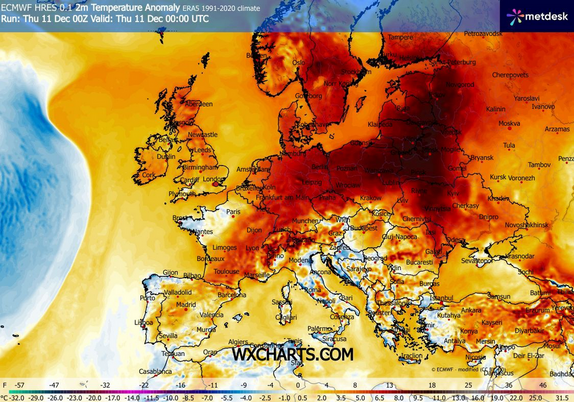 Eine Temperaturkarte von Europa im Dezember 2025, die farblich die Abweichung zum langjährigen Mittel von 1991 bis 2020 zeigt. Mitteleuropa ist +5 Grad, Osteuropa bis zu +10 Grad wärmer als der Mittelwert für Dezember.