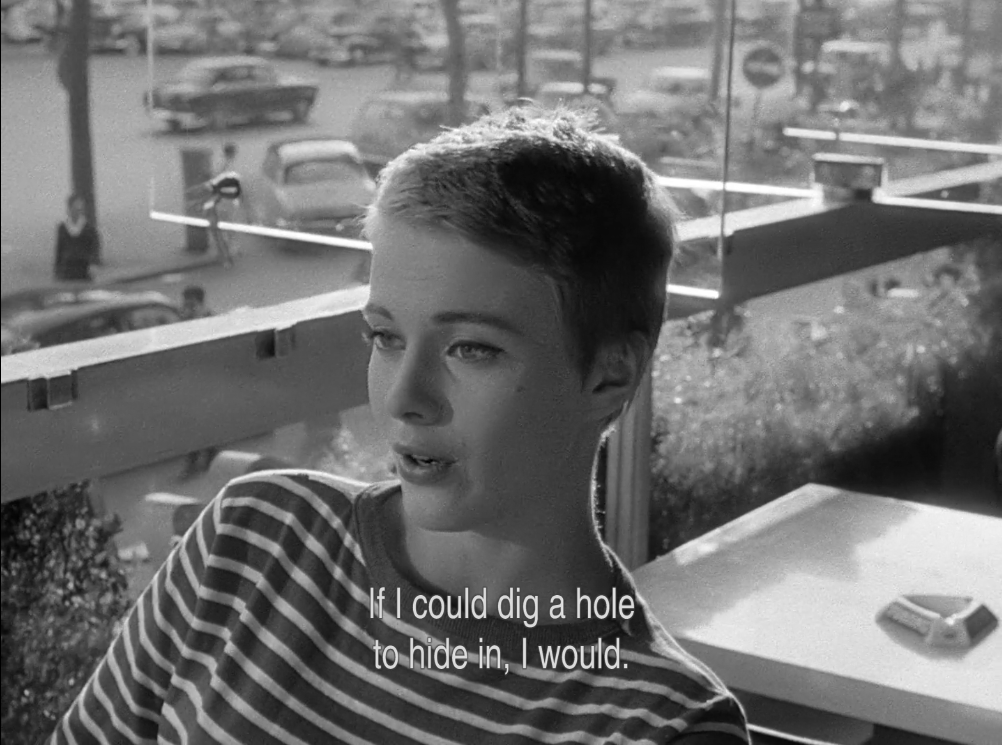 Jean Seberg in À bout de souffle saying "If I could dig a hole to hide in, I would"