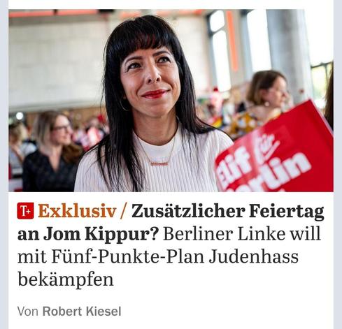 Bildschirmfoto eines Artikels vom Tagesspiegel: "Zusätzlicher Feiertag an Jom Kippur? Berliner Linke will mit Fünf-Punkte-Plan Judenhass bekämpfen"