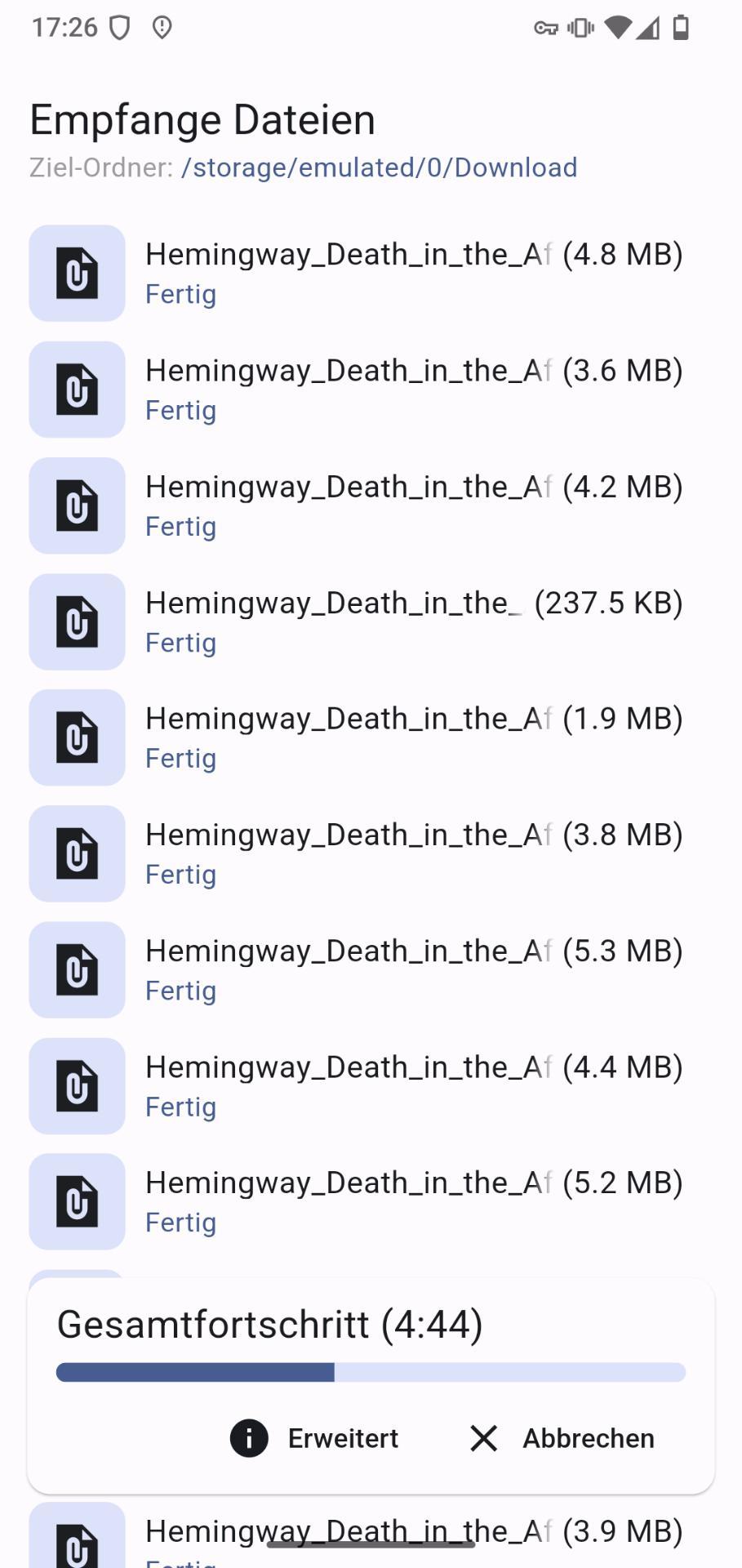 Der Android Client empfängt gerade Daten, hier ein Hörbuch vom Hemmingway