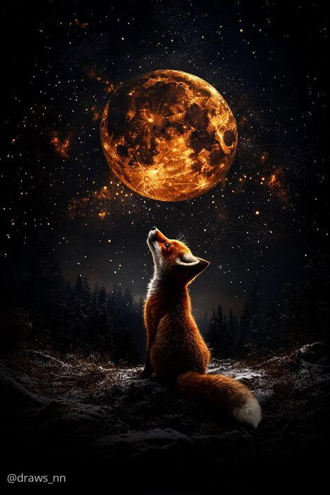 Ein Fuchs sieht bei Nacht zum Vollmond hoch in den Sternenhimmel
Quelle: draws_nn, Pinterest